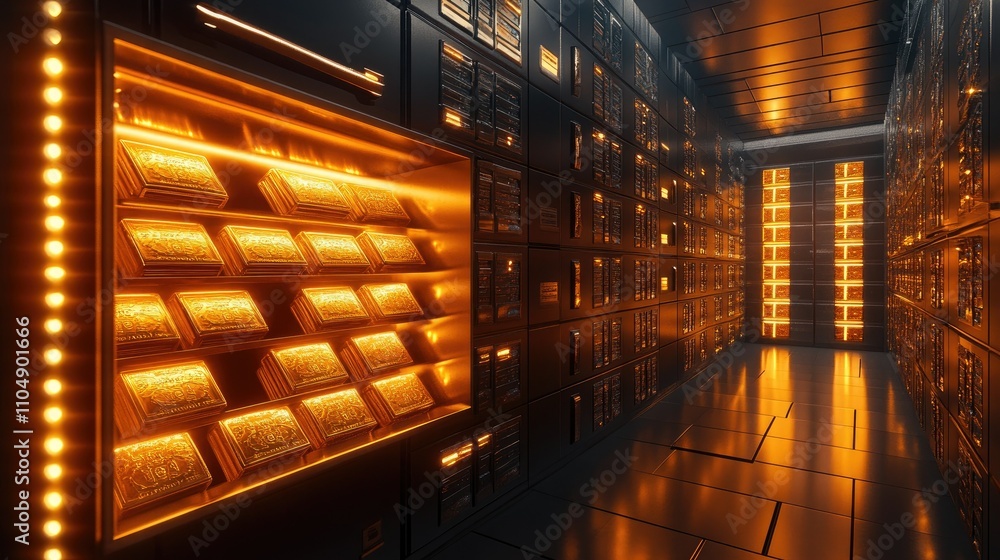 Poster a luxurious bank vault with rows of golden ingots inside open safe deposit lockers, highlighting hig