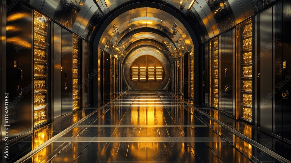 Poster a luxurious bank vault with rows of golden ingots inside open safe deposit lockers, highlighting hig