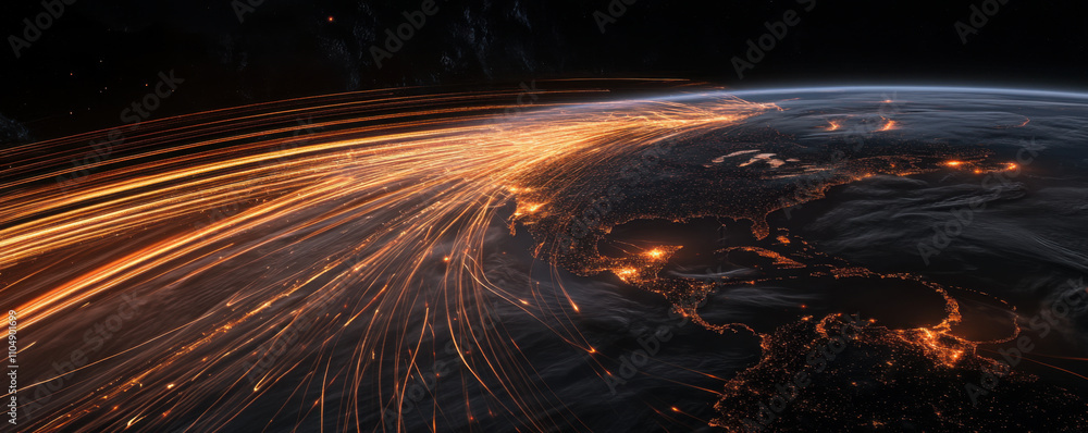 Poster stunning view of earth from space, showcasing vibrant light trails representing global connectivity 