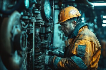 Engineer Operator working in a factory doing monitoring and maintenance in industrial environment