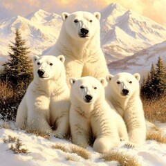 Majestic polar bear family portrait in snowy mountain landscape.