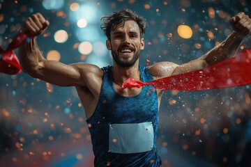 Athlete triumphantly crossing the finish line of a race in a stadium, breaking a red ribbon, arms outstretched in victory.  The focus is on the athlete’s determined expression and the dynamic motion