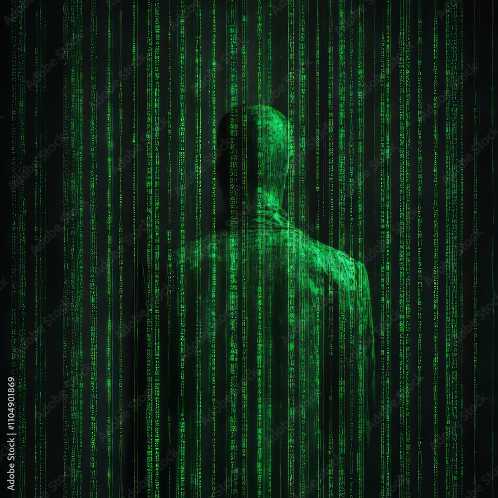 Poster man silhouetted against a wall of cascading green binary code.