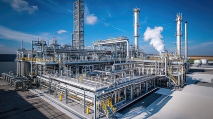 Fototapeta premium A modern hydrogen production plant with complex piping and high-tech equipment, focusing on the machinery involved in generating hydrogen energy