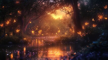 Fototapeta premium A serene landscape captures a tranquil waterway surrounded by lush greenery at dusk. The scene is adorned with softly glowing butterflies fluttering through the air, creating a magical atmosphere. The