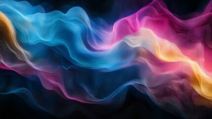 Obraz premium Abstract glowing color wave in blue, pink, and yellow with a grainy texture, blending seamlessly into a black dark backdrop for a dynamic, modern look