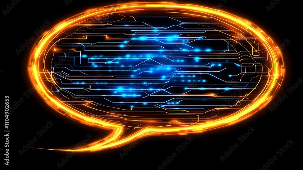 Poster glowing speech bubble with circuit board inside, representing digital communication and ai.