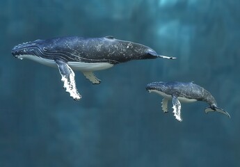 Obraz premium Two Humpback Whales Swimming Gracefully Underwater in a Serene Blue Ocean Environment Capturing the Majesty and Behavior of Marine Life in Nature