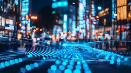Abstract tech-inspired design featuring holographic blue wavy lines, symbolizing digital data, perfect for a modern street banner with futuristic appeal