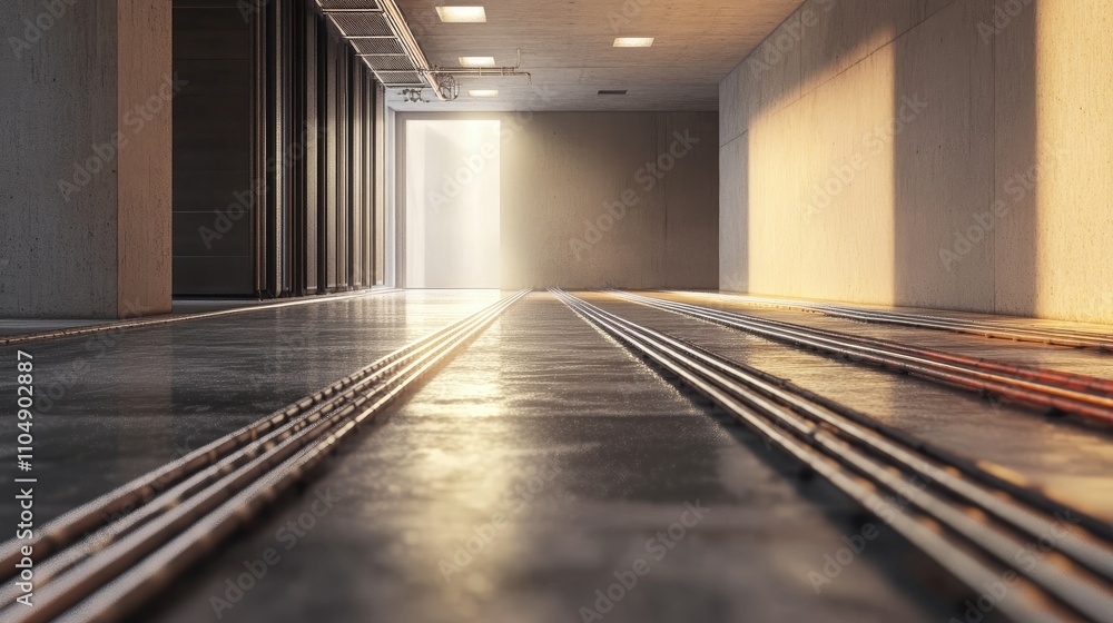 Poster a professional layout of hydronic heating pipes on a building floor, displaying an advanced underflo