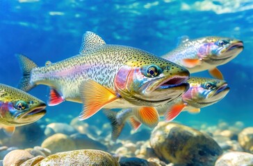 Fototapeta premium Underwater Image of Colorful Rainbow Trout Swimming in Clear Freshwater, Surrounded by Pebbles and Rocks, Showcasing Vibrant Colors and Natural Habitat