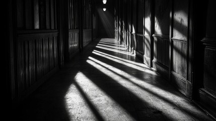 Dimly lit hallway casting long shadows high quality visual