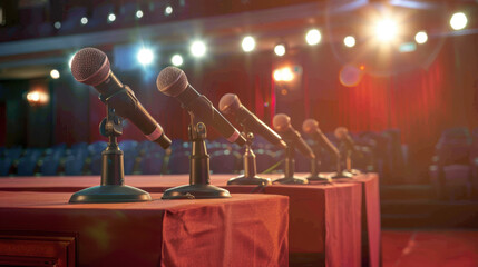 Formal podiums with microphones, set up for a political rally or speech