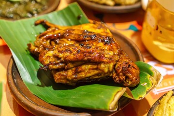 Appetizing grilled kampung chicken served on a banana leaf with a stone mortar as a base. The Crispy skin and tender meat look incredibly inviting