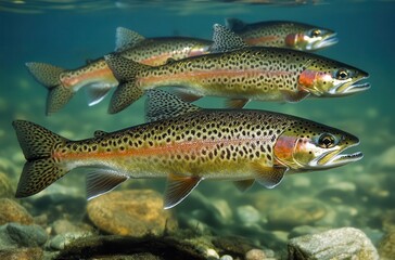 Underwater Scene Featuring Colorful Rainbow Trout Swimming Gracefully in Clear Freshwater Beneath Sunlit Surface Surrounded by Smooth Pebbles and Natural Habitat