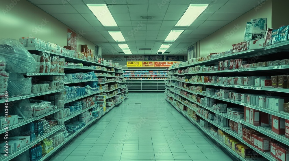 Poster a wide-angle shot of vacant shelves in an empty supermarket, capturing a scene of abandoned goods an