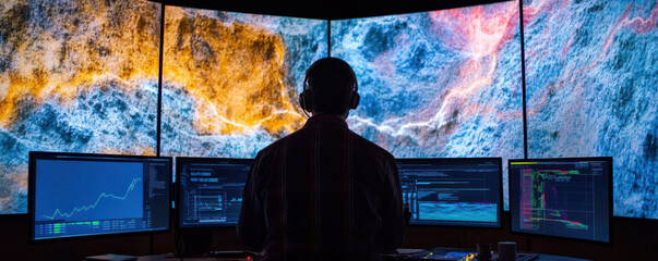 Analyzing earthquake data on multiple screens, seismologist studies seismic activity. vibrant visuals enhance focus on critical information