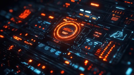 Obraz premium A futuristic digital interface with glowing orange and blue lights, showing data and information.