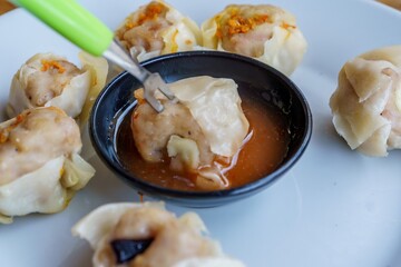 A close-up photo of a plate of dim sum, showcasing the delicate folds of wrappers and the steaming hot filling
