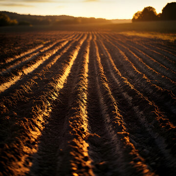 Cultivating new beginnings freshly tilled soil at sunrise farmland landscape photography natural beauty wide-angle view agriculture