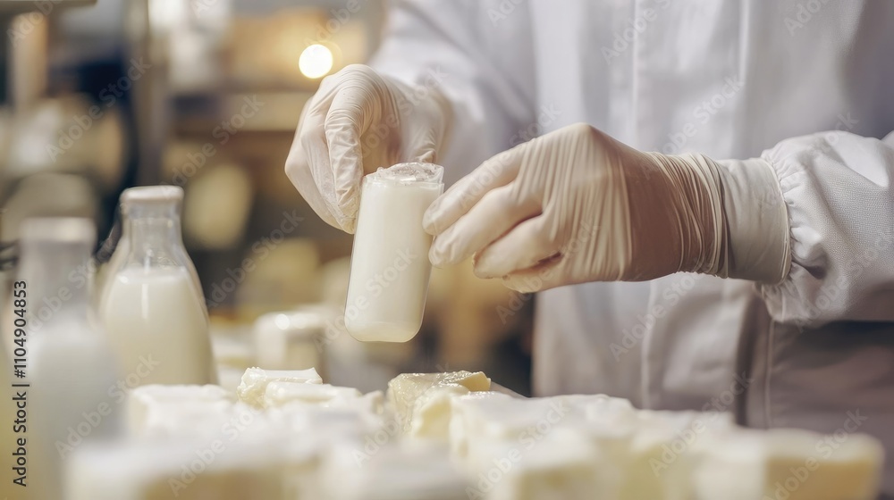 Poster close-up of a dairy scientist inspecting milk samples in a laboratory, ensuring quality control at a