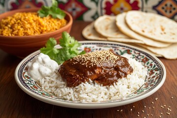 Fototapeta premium Delicious homemade chicken curry with rice indian cuisine food rustic kitchen close-up flavorful experience