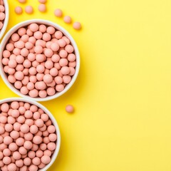 Pink spheres in white bowls on yellow background.
