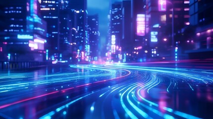 Fototapeta premium Holographic blue wavy lines representing abstract technology data flow, futuristic street banner design with glowing effects and sleek curves