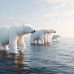 Polar bears walking in shallow water, climate change concept.