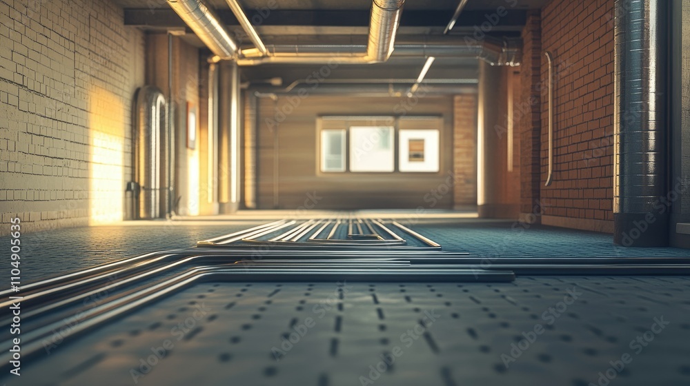 Poster Close-up of an underfloor heating system with interconnected pipes laid out in a building's floor, showing a high-tech heating solution.