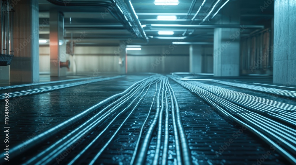 Poster close-up of an underfloor heating system with interconnected pipes laid out in a building's floor, s