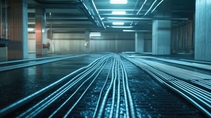 Fototapeta premium Close-up of an underfloor heating system with interconnected pipes laid out in a building's floor, showing a high-tech heating solution.