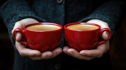 Two red cups of coffee held in hands, symbolizing warmth and connection.