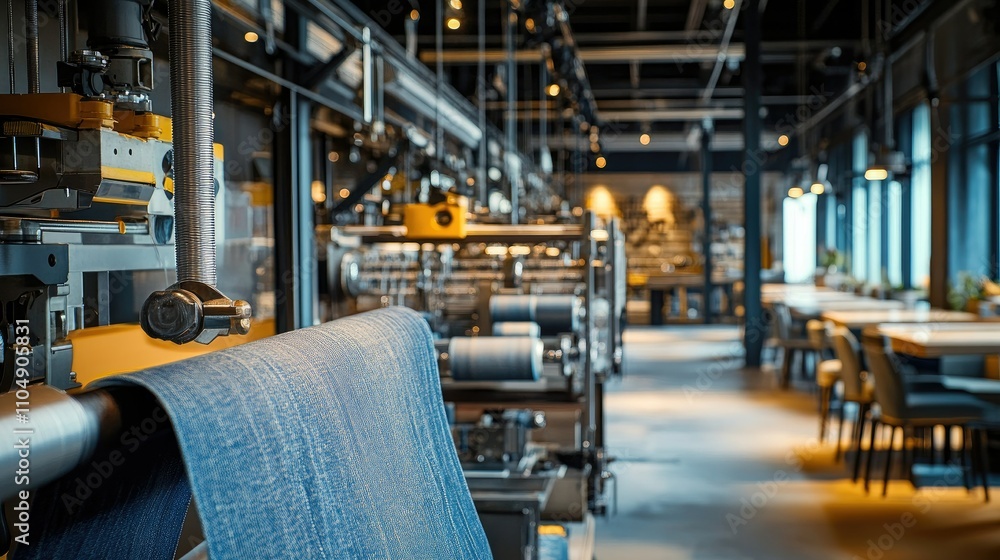 Poster close-up of denim textile machinery in action, with fabric rolls and weaving process for making jean
