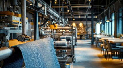 Naklejka premium Close-up of denim textile machinery in action, with fabric rolls and weaving process for making jeans fabric in the textile industry