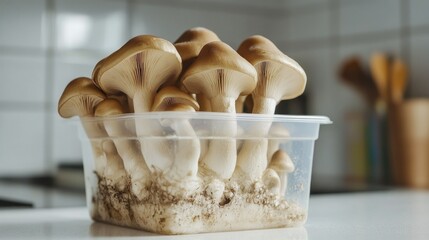 Close-up of fresh oyster mushrooms sprouting in a transparent plastic growing kit, set on a kitchen background, showcasing an easy indoor growing solution