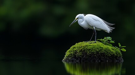 White egret perched on a mossy islet in a tranquil pond.