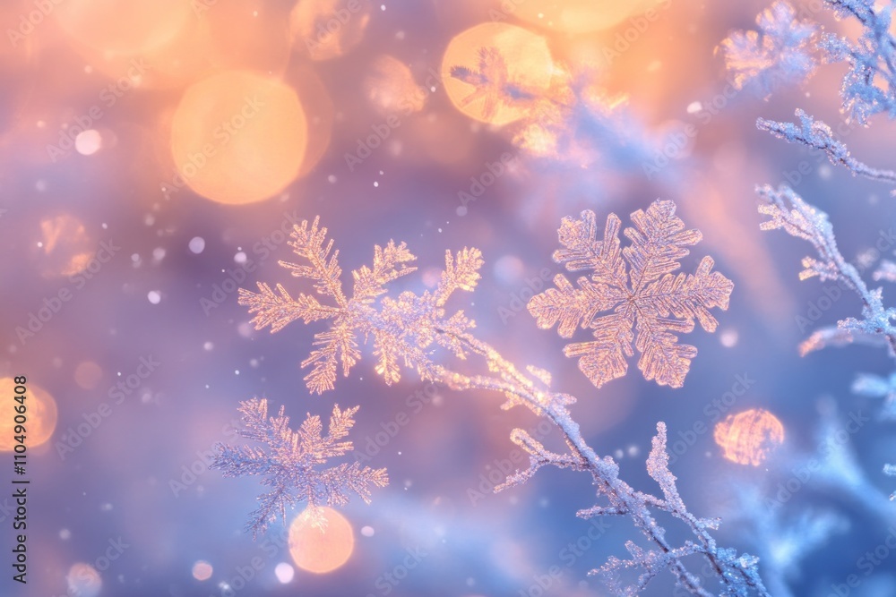 Poster close-up of delicate snowflakes on a frosty branch against a soft, blurred background of golden boke