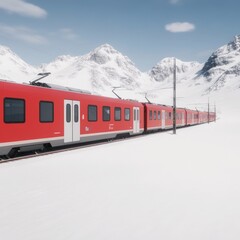 Obraz premium Red train on snowy mountain landscape.