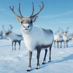 Obraz premium Reindeer herd in snowy landscape, close-up view of one reindeer.