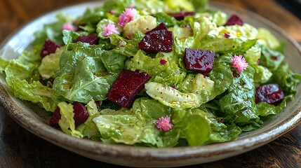 Vibrant beet and lettuce salad with edible flowers, dressed in olive oil, served on a rustic plate.
