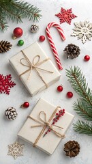 Rustic Christmas Flat Lay with Gifts, Pinecones, Ornaments & Berries V10