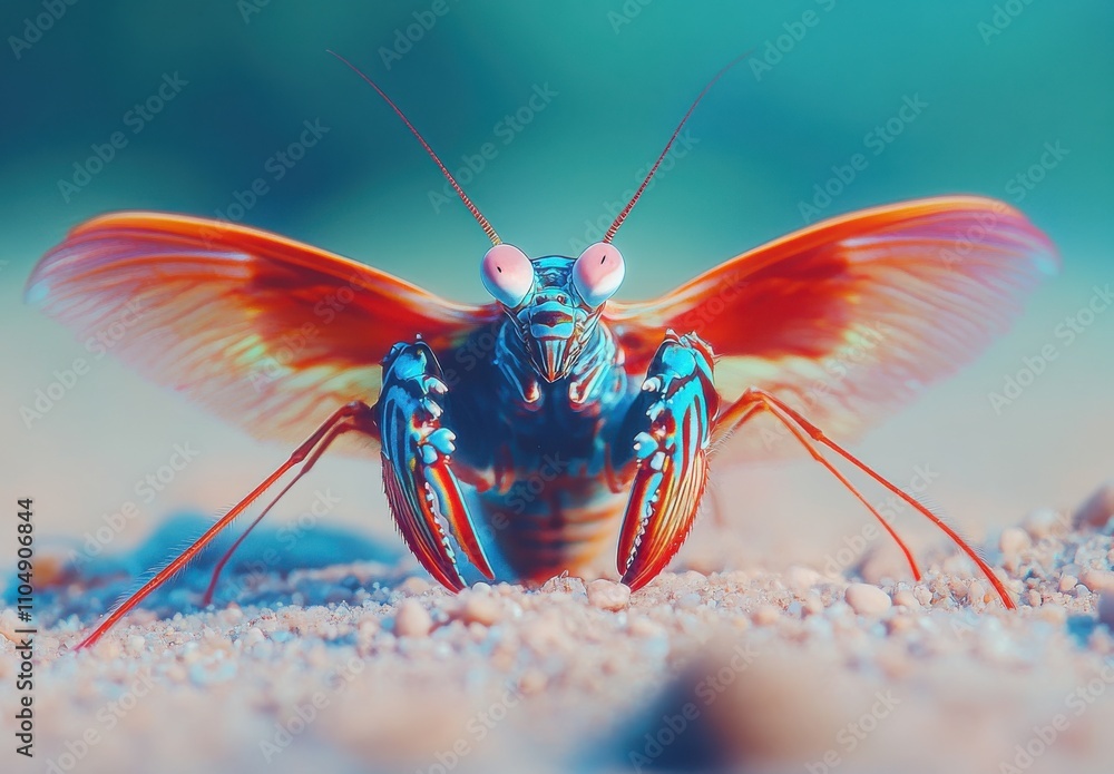 Poster vibrant close-up of a colorful marine mantis shrimp displaying its unique features against a soft co