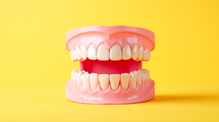 Obraz premium Fake teeth on bright yellow background.