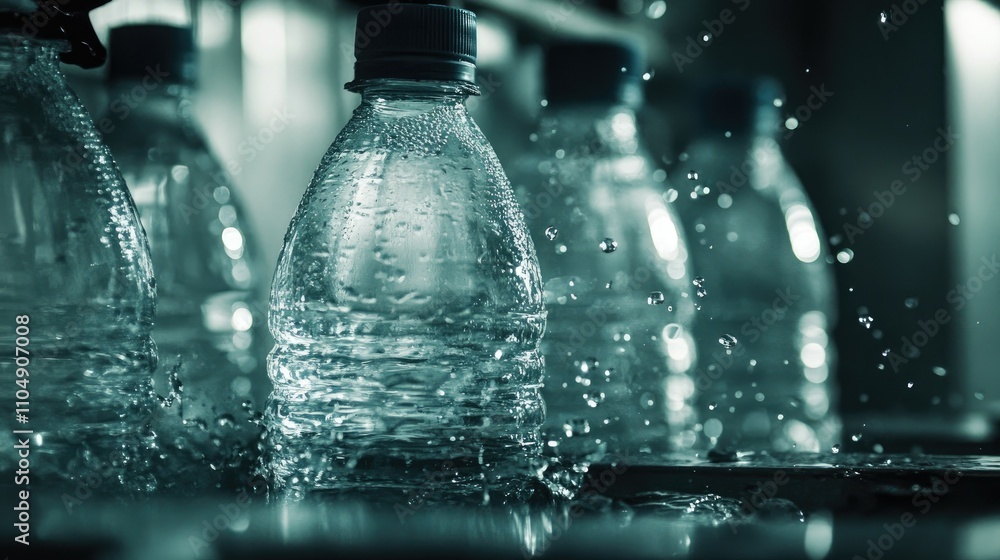 Poster close-up of water being poured into plastic bottles on a factory conveyor, demonstrating the precisi