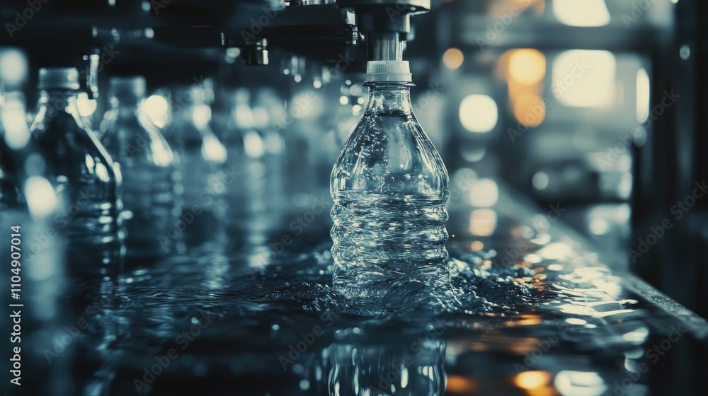 Poster close-up of water being poured into plastic bottles on a factory conveyor, demonstrating the precisi