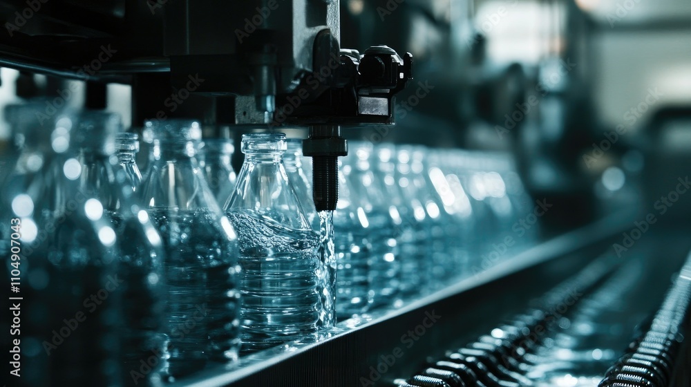 Poster close-up of water being poured into plastic bottles on a factory conveyor, demonstrating the precisi