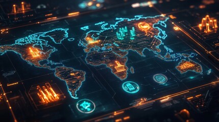 world map with glowing connections, overlaid with icons of raw materials like oil drops, gold ingots, timber logs, and steel beams, 16:9