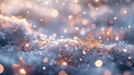 Shimmering snowflake particles and bokeh lights on festive snowy backdrop.