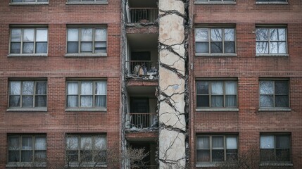 Exterior of an old apartment building with a noticeable crack in the facade, highlighting the emergency condition and structural risk of collapse
